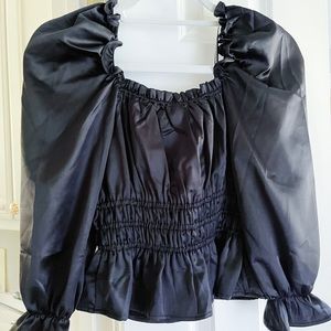 VICI collection black smocked satin blouse
